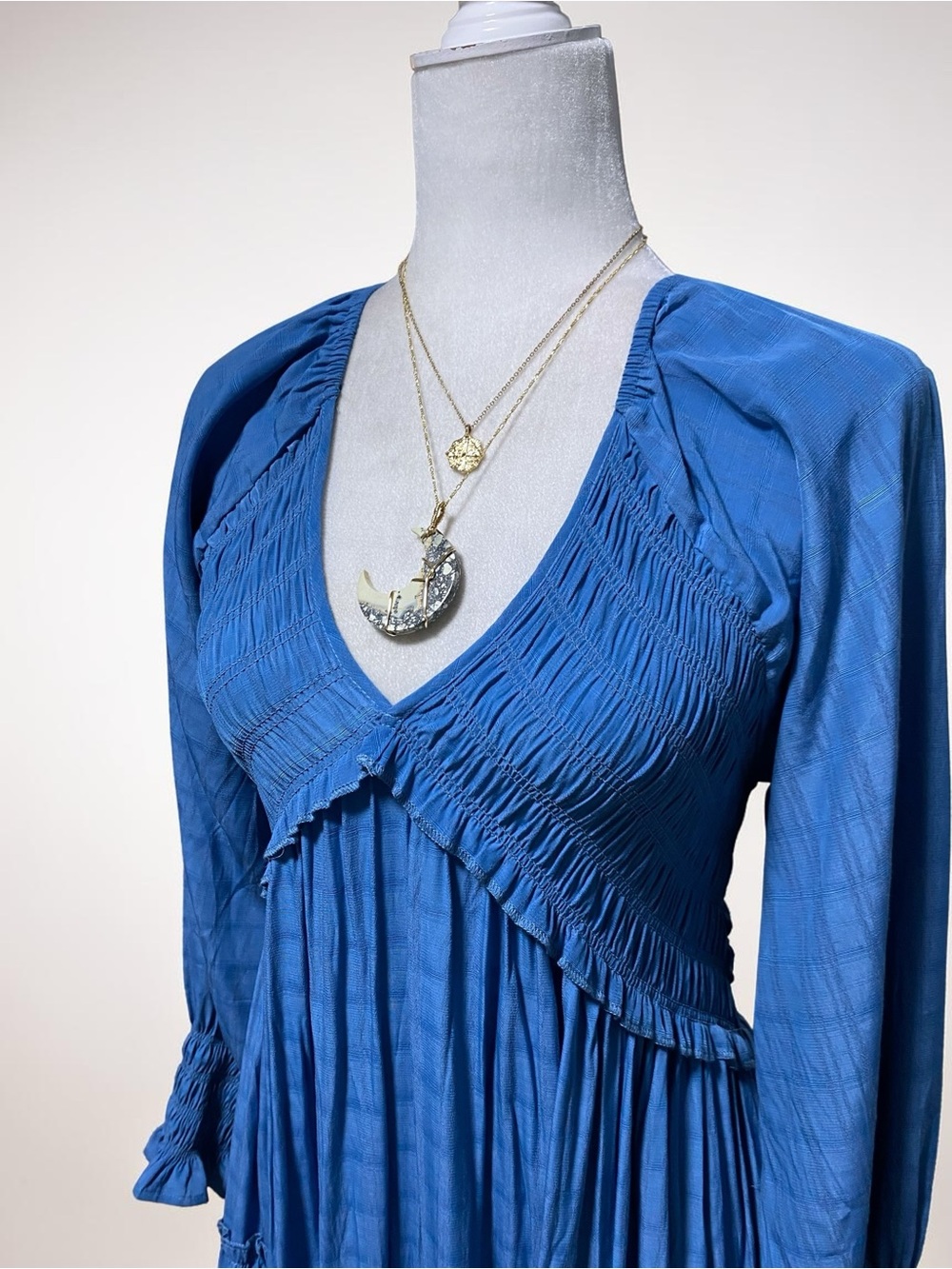 R. Vivimos Blue Long Sleeve Maxi Dress Boho Flowy Layered Ruffle Sz S NWT - Picture 5 of 9